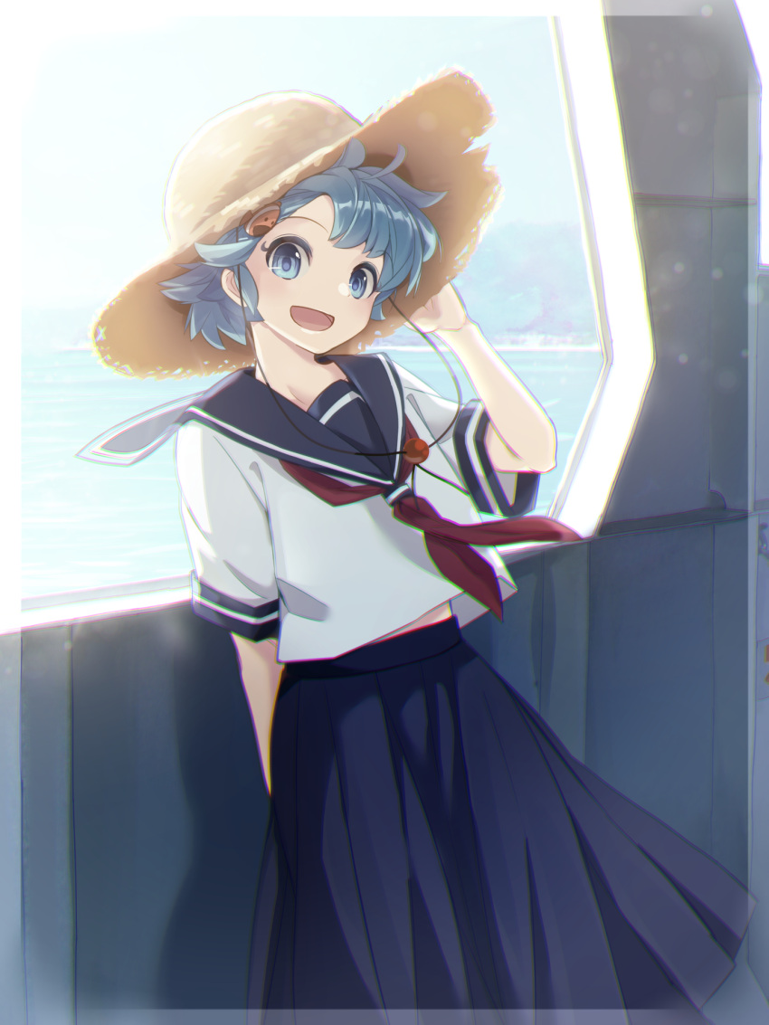 1girl, :d, blue_hair, character_request, hat, highres, long_skirt, looking_at_viewer