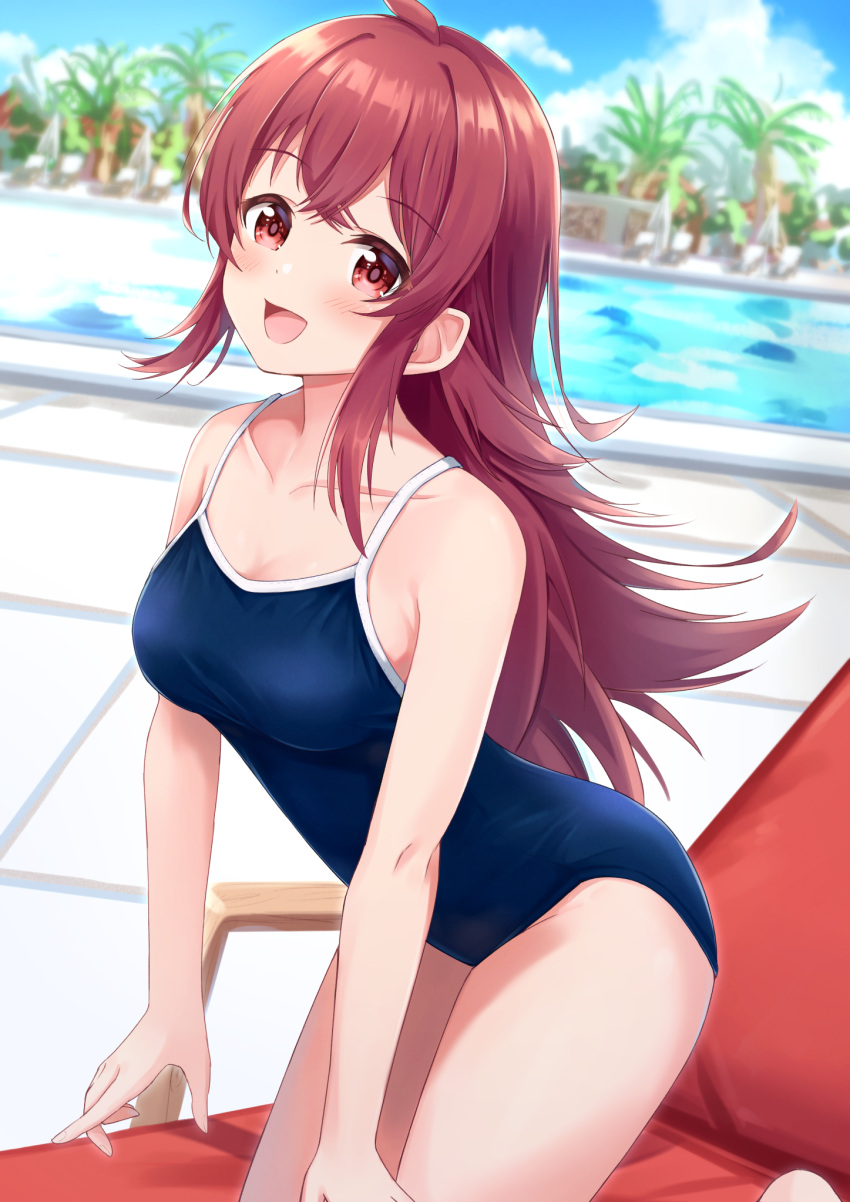1girl, :d, ass, breasts, competition_school_swimsuit, competition_swimsuit, highres, idolmaster, idolmaster_shiny_colors, kneeling, komiya_kaho, long_hair, looking_at_viewer, medium_breasts, miso_(misomiso_154), one-piece_swimsuit, open_mouth, pool, red_eyes, redhead, school_swimsuit, seiza, sidelocks, sitting, smile, solo, swimsuit
