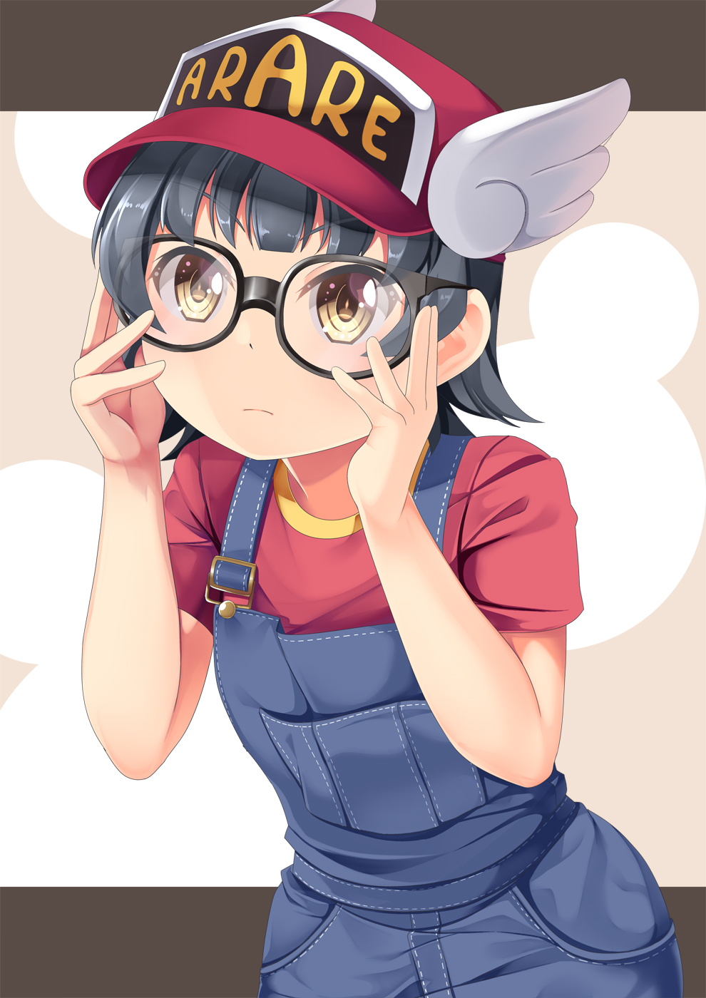 1girl, arare_(kantai_collection), bangs, baseball_cap, bespectacled, black_hair, blunt_bangs, blush