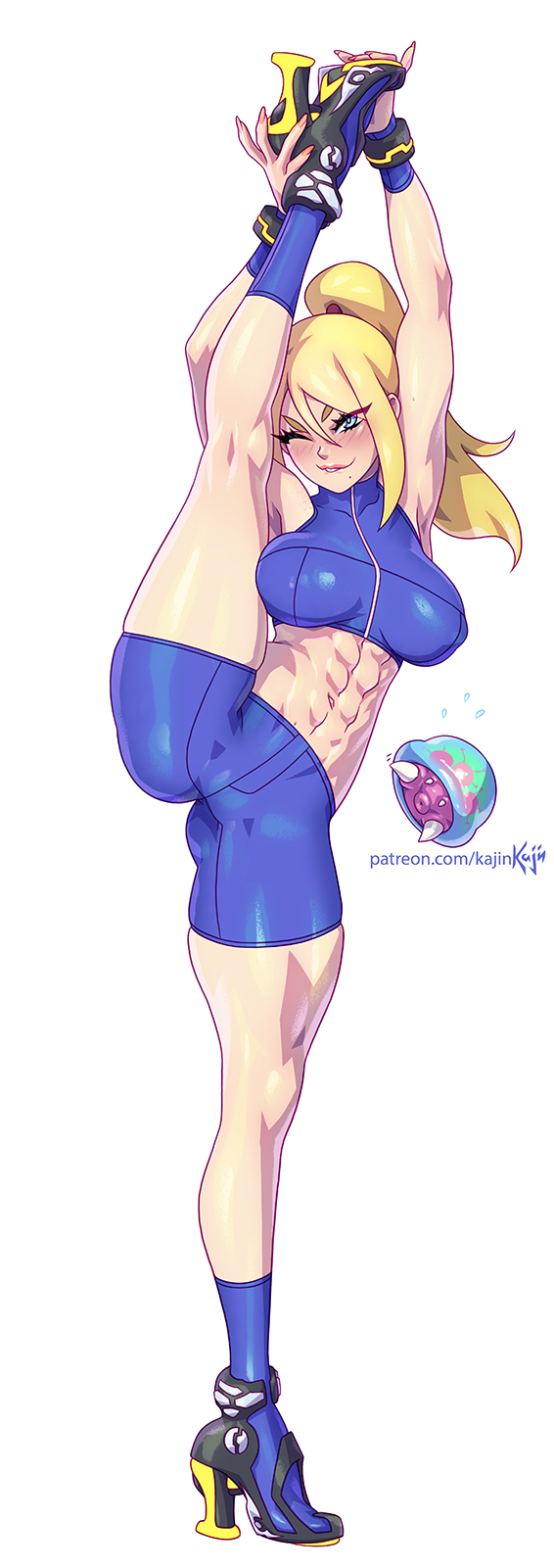 1girl, abs, biting, blonde_hair, blue_eyes, crop_top, high_heels, highres