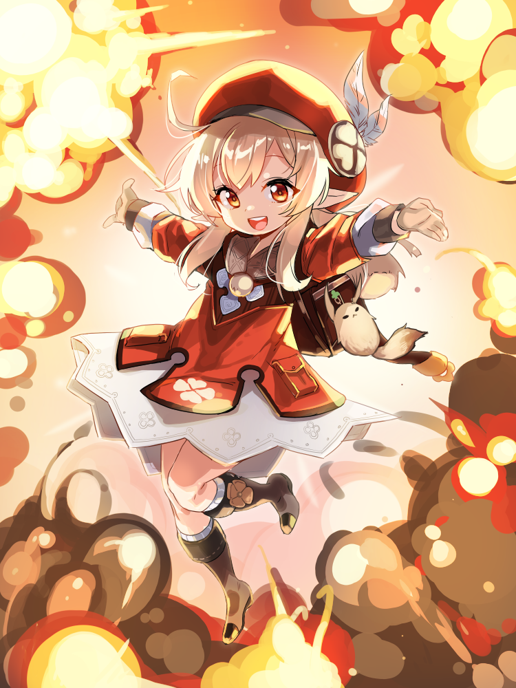 1girl, :d, backpack, bag, bag_charm, bangs, boots, brown_footwear, brown_hair, cabbie_hat, charm_(object), commentary_request, ddolggol, dress, explosion, eyebrows_visible_through_hair, feathers, full_body, genshin_impact, gloves, grey_gloves, hat, hat_feather, klee_(genshin_impact), knee_boots, kneehighs, long_hair, long_sleeves, looking_at_viewer, low_twintails, open_mouth, outstretched_arms, pointy_ears, red_dress, red_eyes, red_headwear, ribbed_legwear, smile, solo, spread_arms, twintails, white_feathers, white_legwear