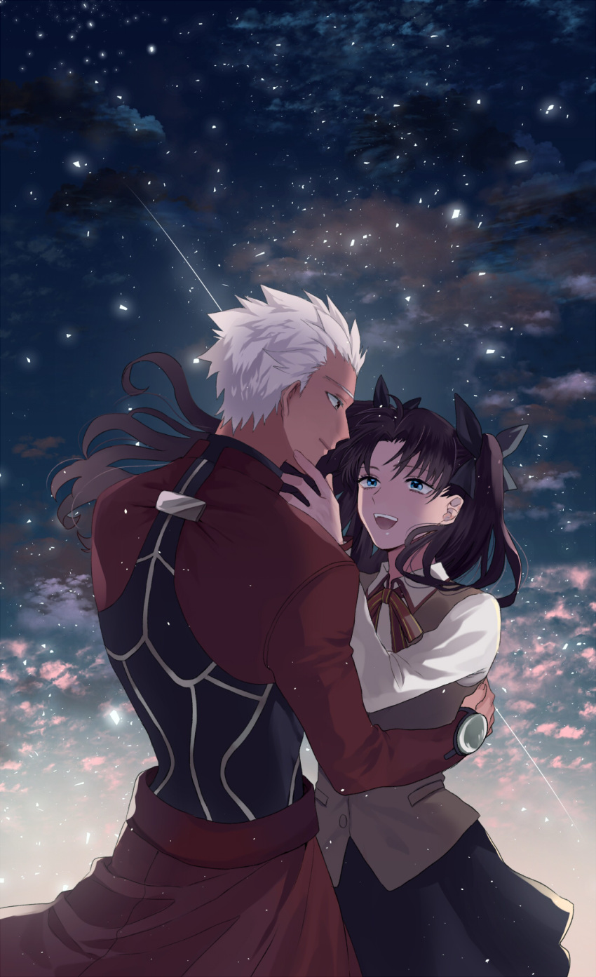 1boy, 1girl, archer, black_hair, black_skirt, blue_eyes, bow, brown_vest