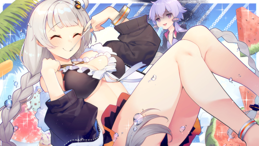 4girls, ^_^, anklet, aura, bare_legs, bikini, bikini_skirt, black_jacket, blue_hair, blush, bracelet, braid, breasts, chocolate_mint_ice_cream, closed_eyes, commentary_request, dark_aura, eating, food, fruit, fur-trimmed_jacket, fur_trim, hair_ornament, highres, hood, hoodie, ice_cream_spoon, jacket, jewelry, kizuna_akari, kotonoha_akane, kotonoha_aoi, legs, long_hair, multiple_girls, off_shoulder, open_clothes, open_hoodie, open_mouth, palm_leaf, pink_hair, popsicle, purple_hair, ribbon, ribbon-trimmed_bikini, shaved_ice, shirinda_fureiru, short_hair_with_long_locks, silver_hair, smile, spoon, sugar_cube, swimsuit, twin_braids, very_long_hair, violet_eyes, voiceroid, water_drop, watermelon, white_ribbon, yuzuki_yukari