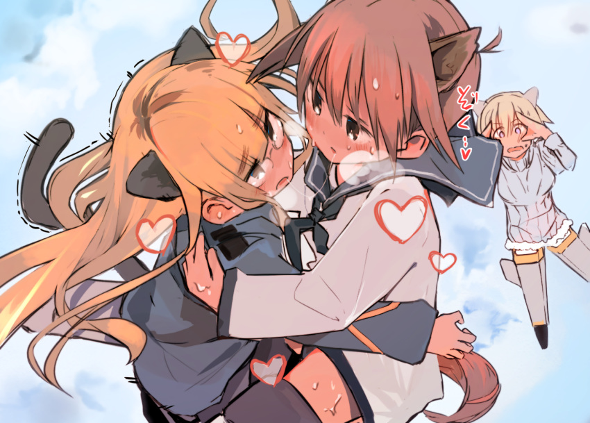 3girls, after_kiss, animal_ears, blonde_hair, blue_eyes, blush, brown_eyes, brown_hair