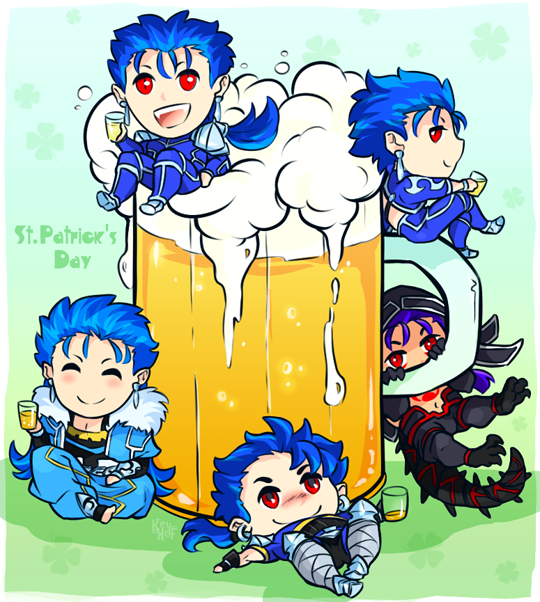 5boys, ^_^, alcohol, armor, beads, beer, beer_mug, blue_hair