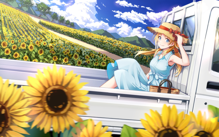 1girl, absurdres, bag, bangs, blonde_hair, blue_dress, blue_eyes, blue_sky, blurry_foreground, closed_mouth, clouds, commentary_request, day, dirt_road, dress, eyebrows_visible_through_hair, fence, field, flatbed_truck, flower, flower_field, ground_vehicle, hachimiya_meguru, hair_flower, hair_ornament, hand_on_headwear, hat, hat_ribbon, highres, idolmaster, idolmaster_shiny_colors, looking_at_viewer, macha0331, medium_hair, motor_vehicle, mountain, mountainous_horizon, official_style, one_piece, outdoors, ribbon, road, shoulder_bag, sitting, sky, smile, solo, straw_hat, summer, sun_hat, sundress, sunflower, sunflower_petals, tree, truck, vehicle, wooden_fence