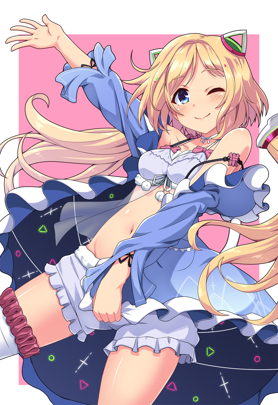 1girl, aki_rosenthal, bangs, blonde_hair, blue_eyes, blush, bob_cut, breasts