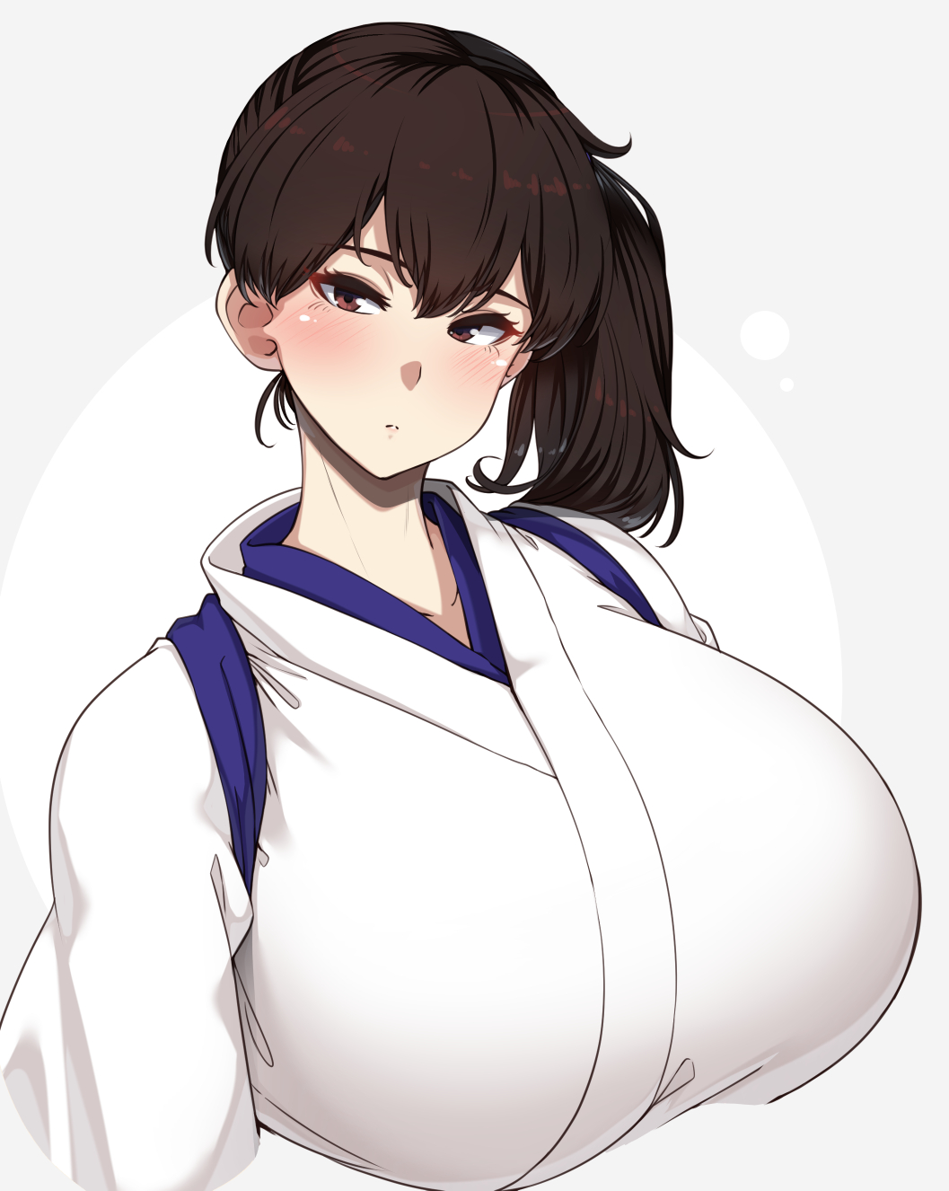 1girl, bangs, blush, breasts, brown_eyes, brown_hair, closed_mouth, cropped_torso