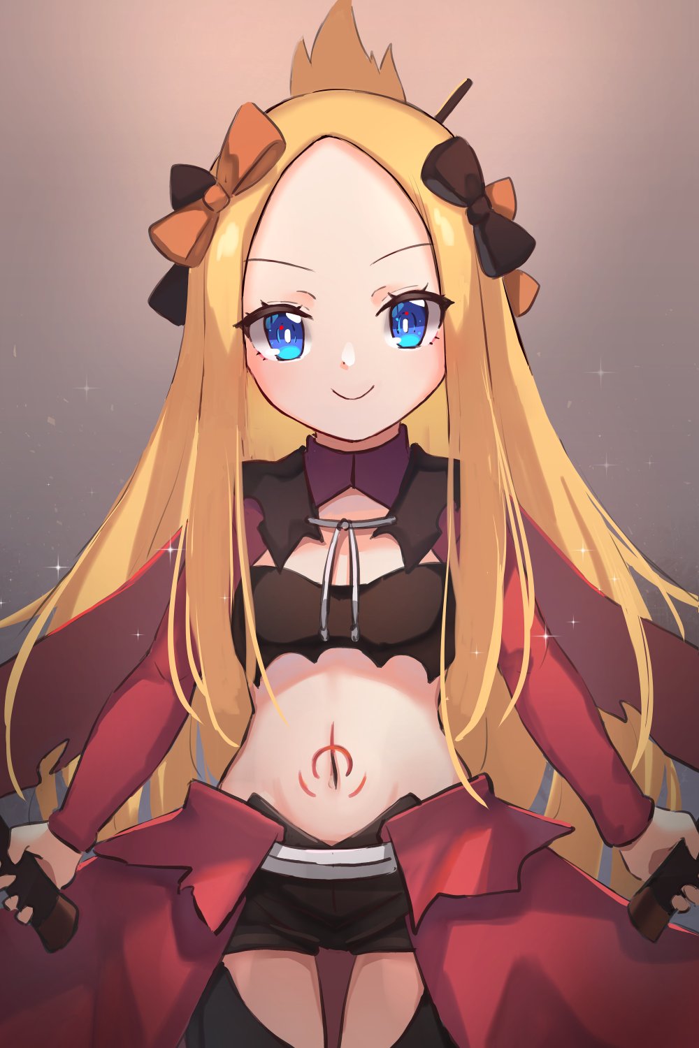 1girl, abigail_williams_(fate/grand_order), bangs, blonde_hair, blue_eyes, blush, bow, breasts, chloe_von_einzbern, chloe_von_einzbern_(cosplay), closed_mouth, cosplay, dual_wielding, fate/grand_order, fate/kaleid_liner_prisma_illya, fate_(series), forehead, half_updo, highres, holding, long_hair, long_sleeves, looking_at_viewer, miya_(miyaruta), multiple_bows, navel, orange_bow, parted_bangs, small_breasts, smile, stomach_tattoo, sword, tattoo, thighs, weapon