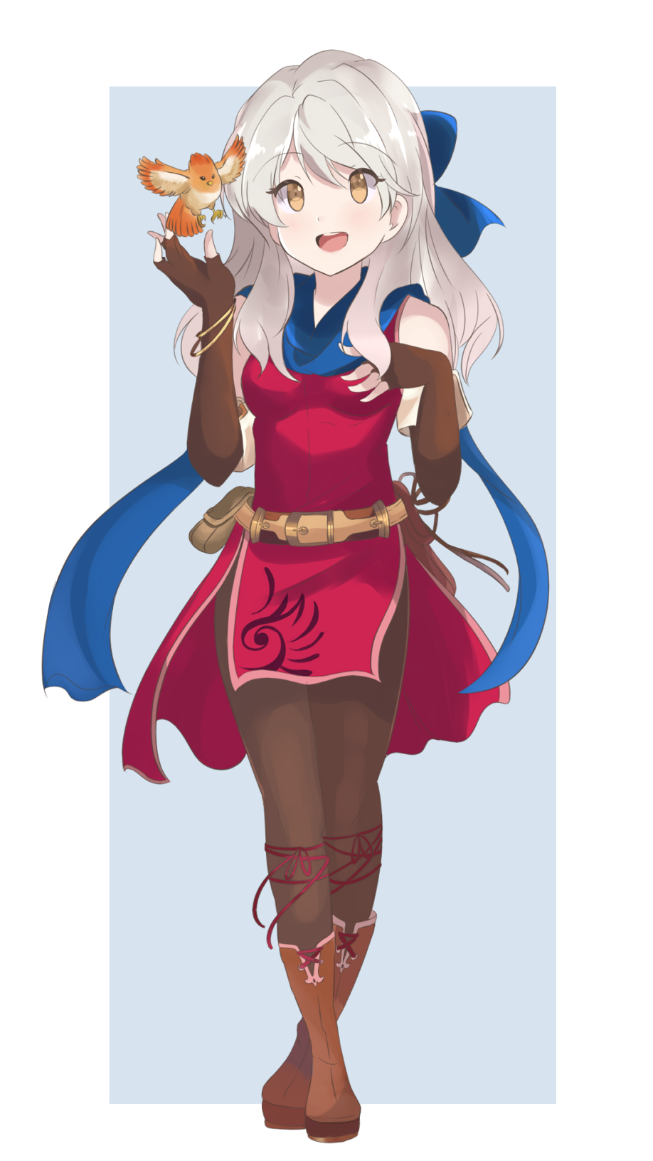 1girl, :d, bangle, bare_shoulders, belt, bird, blue_scarf, boots