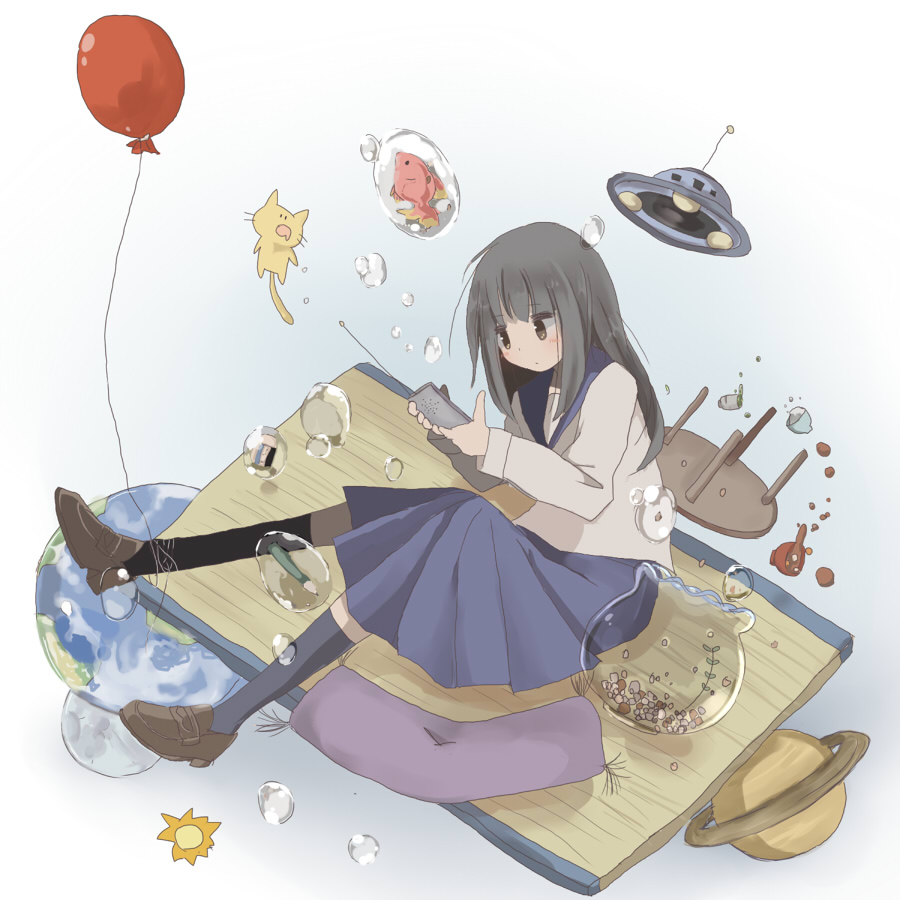 1girl, balloon, black_eyes, black_hair, black_legwear, blue_legwear, blue_sailor_collar, blue_skirt