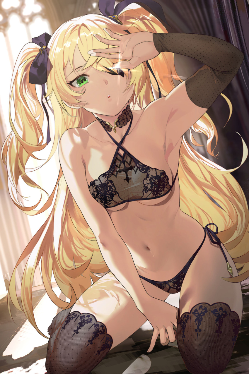 1girl, arm_up, armpits, bare_arms, bare_shoulders, between_legs, black_bra, black_legwear, black_panties, blonde_hair, bra, breasts, choker, collarbone, criss-cross_halter, detached_sleeves, eyepatch, fischl_(genshin_impact), genshin_impact, glint, green_eyes, hair_over_one_eye, halterneck, highres, lingerie, long_hair, looking_at_viewer, navel, panties, parted_lips, salmon88, see-through, side-tie_panties, sitting, small_breasts, solo, stomach, string_panties, thigh-highs, thighs, two_side_up, underwear, underwear_only, very_long_hair