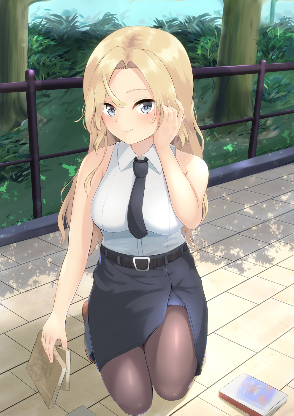 1girl, belt, belt_buckle, black_belt, black_legwear, black_neckwear, black_skirt, blonde_hair
