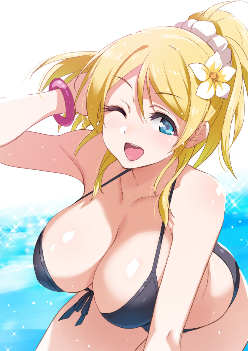 1girl, ;d, ayase_eli, bikini, black_bikini, blonde_hair, blue_eyes, bracelet