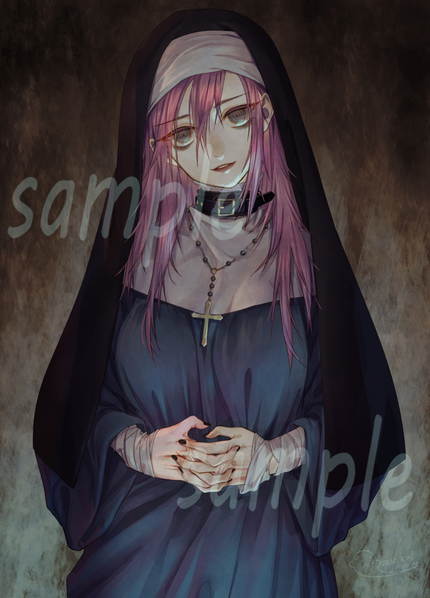 1girl, @_@, absurdres, bandaged_arm, bandages, black_collar, black_nails, collar