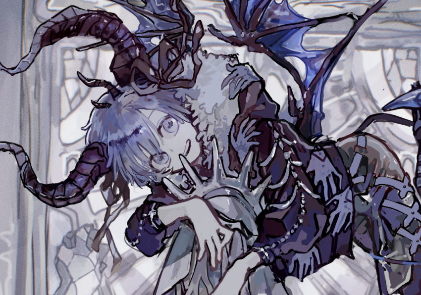 1other, androgynous, black_ribbon, blue_eyes, blue_hair, cropped, fur-trimmed_jacket, fur_trim