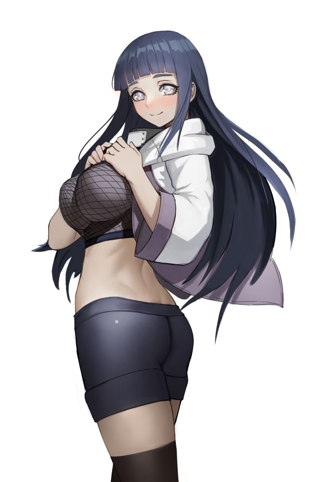 1girl, bangs, black_legwear, blue_hair, blunt_bangs, blush, breasts, closed_mouth, fishnets, headband, headband_around_neck, hime_cut, hyuuga_hinata, large_breasts, long_hair, looking_at_viewer, looking_back, naruto, naruto_(series), simple_background, smile, solo, thigh-highs, white_background, white_eyes, zako8211