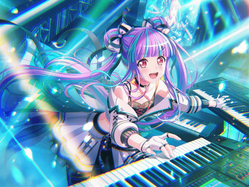 bang_dream!, blush, dress, keyboard_(instrument), long_hair, pareo_(bang_dream!), purple_hair, red_eyes