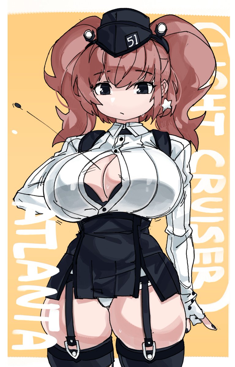 1girl, atlanta_(kantai_collection), bra, bra_through_clothes, breasts, brown_hair, bursting_breasts, button_gap