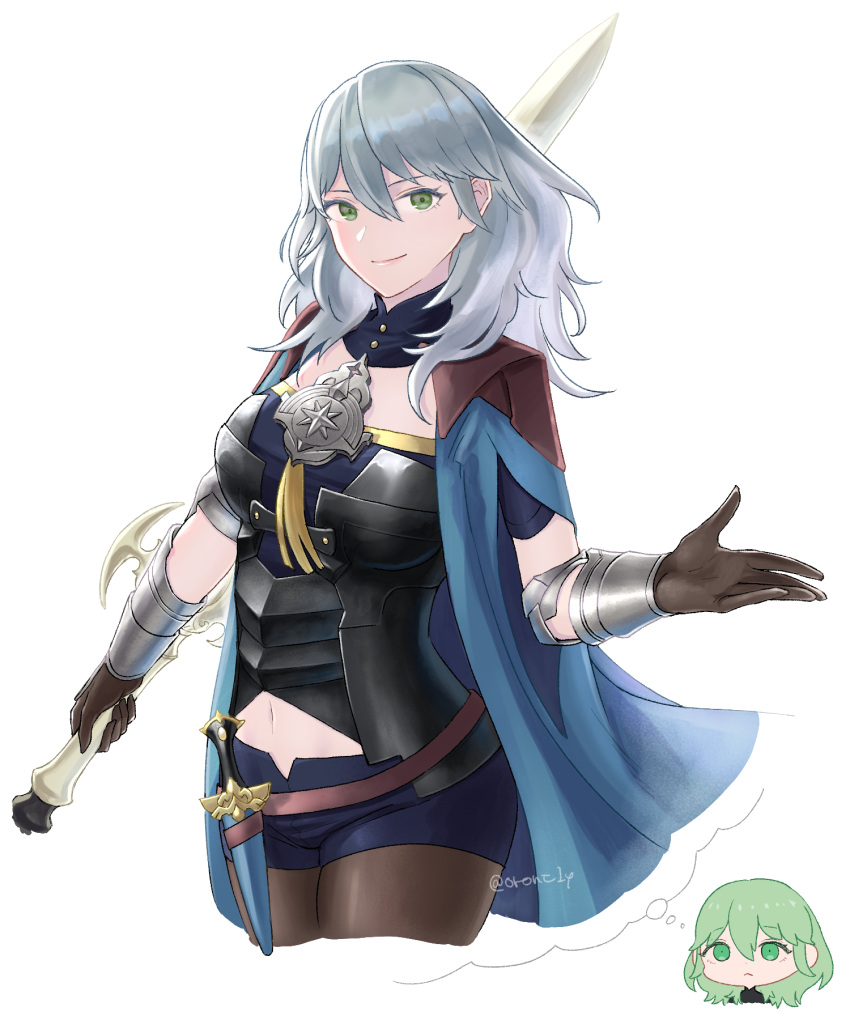 1girl, armor, bangs, black_armor, blue_cape, blue_shirt, blue_shorts, breasts, brown_gloves, brown_legwear, byleth_(fire_emblem), byleth_eisner_(female), cape, closed_mouth, clothing_cutout, color_switch, commentary_request, cropped_legs, dagger, emblem, eyebrows_visible_through_hair, fire_emblem, fire_emblem:_three_houses, gloves, green_eyes, green_hair, grey_hair, hair_between_eyes, highres, holding, holding_sword, holding_weapon, large_breasts, long_hair, looking_at_viewer, navel, navel_cutout, open_hand, orio_(oront1y), pantyhose, sheath, sheathed, shirt, short_shorts, short_sleeves, shorts, sidelocks, simple_background, smile, standing, sword, sword_of_the_creator, thought_bubble, twitter_username, vambraces, weapon, white_background