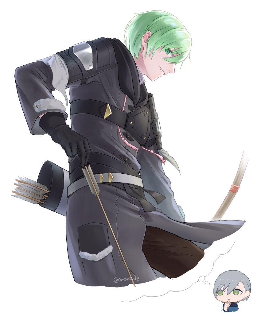 1boy, arrow_(projectile), ashe_ubert, bangs, black_gloves, breastplate, brown_pants, coat