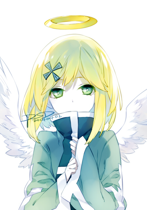 1girl, angel, angel_wings, blonde_hair, chelan, cross, green_eyes, haiiro_teien, hair_ornament, halo, long_sleeves, psd, short_hair, solo, white_background, wings
