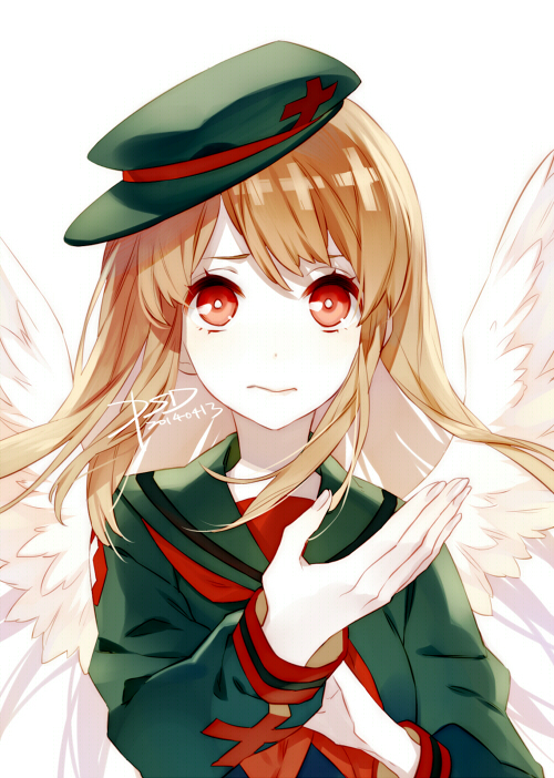 1girl, angel_wings, brown_hair, cross, haiiro_teien, hat, long_hair, long_sleeves, macarona, psd, red_eyes, sailor_collar, school_uniform, solo, uniform, white_background, wings