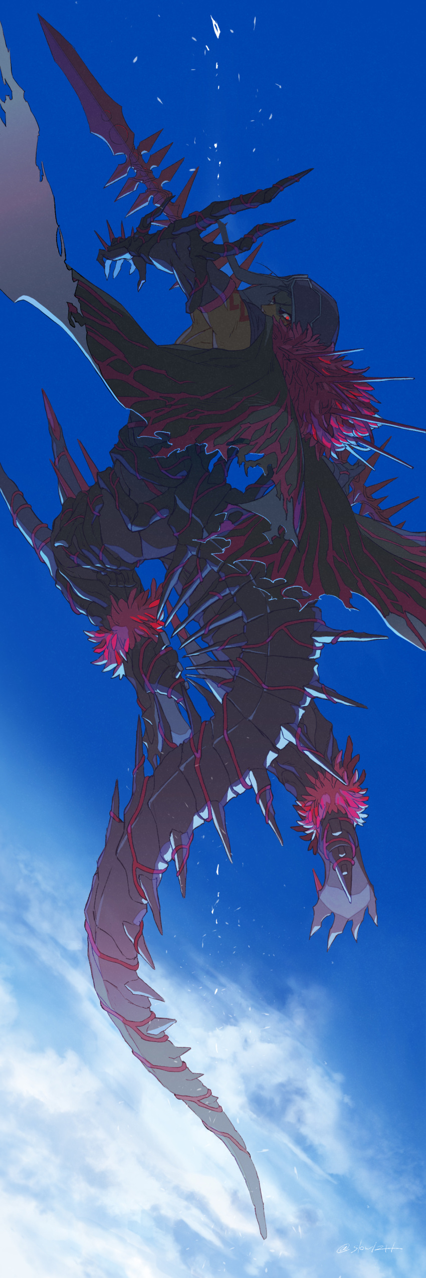 1boy, absurdres, arm_tattoo, black_gloves, blue_hair, blue_sky, clouds, cu_chulainn_(fate)_(all)