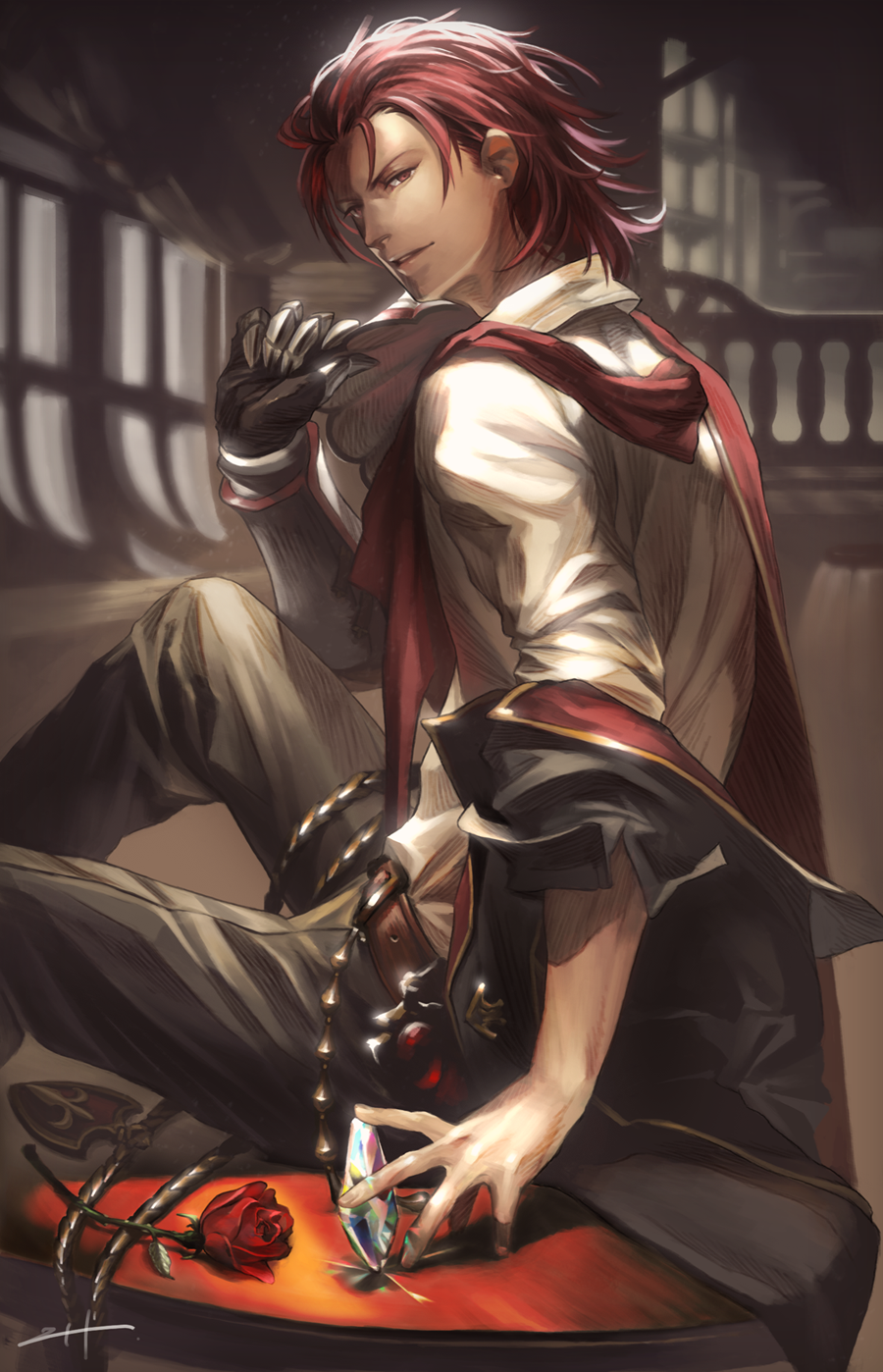 1boy, armor, belt, black_coat, coat, crystal, emblem, fingernails