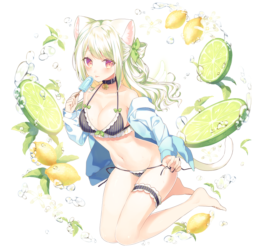 1girl, animal_ear_fluff, animal_ears, artist_request, barefoot, bell, bell_collar, bikini