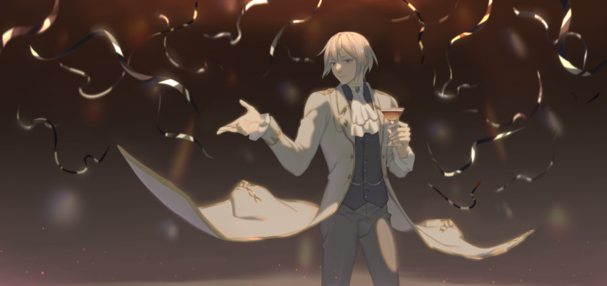 1boy, blue_eyes, blurry, blurry_background, coat, cup, gold_trim, hair_between_eyes