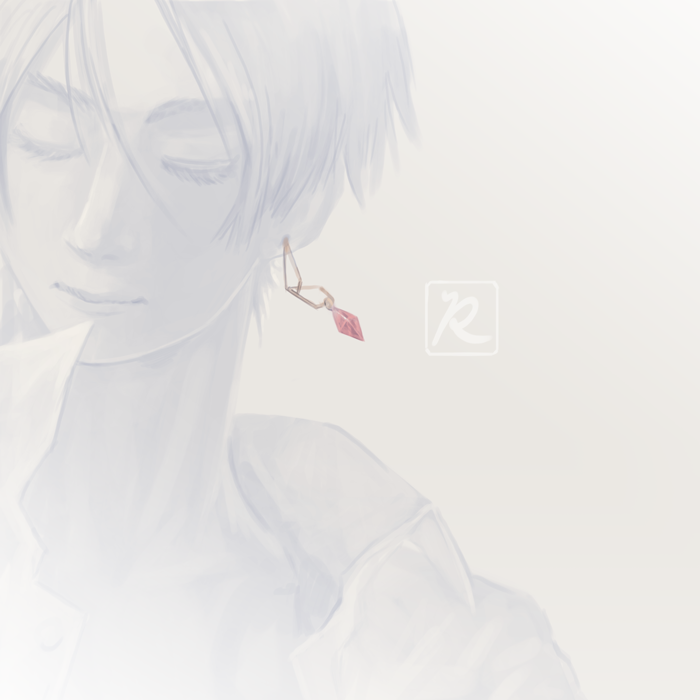 1boy, bishounen, closed_eyes, closed_mouth, earrings, grey_background, greyscale, hair_between_eyes