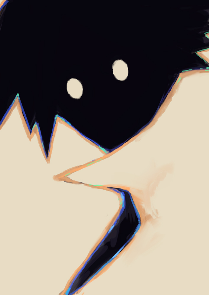 1boy, abstract, beige_background, black_hair, black_skin, face, fantasy, looking_at_viewer, male_focus, no_mouth, no_nose, no_pupils, original, renkoma, shadow, simple_background, solo, spiky_hair, upper_body