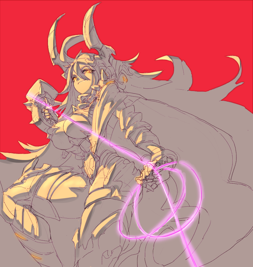 1girl, ahoge, armor, breasts, cape, closed_mouth, faucre, gauntlets, glowing, glowing_eyes, greaves, hair_between_eyes, holding, holding_weapon, holding_whip, horned_headwear, horns, large_breasts, last_origin, long_hair, navel, pauldrons, red_background, shoulder_armor, simple_background, sketch, smile, solo, spikes, very_long_hair, weapon, whip, yan_(age0614), yellow_eyes