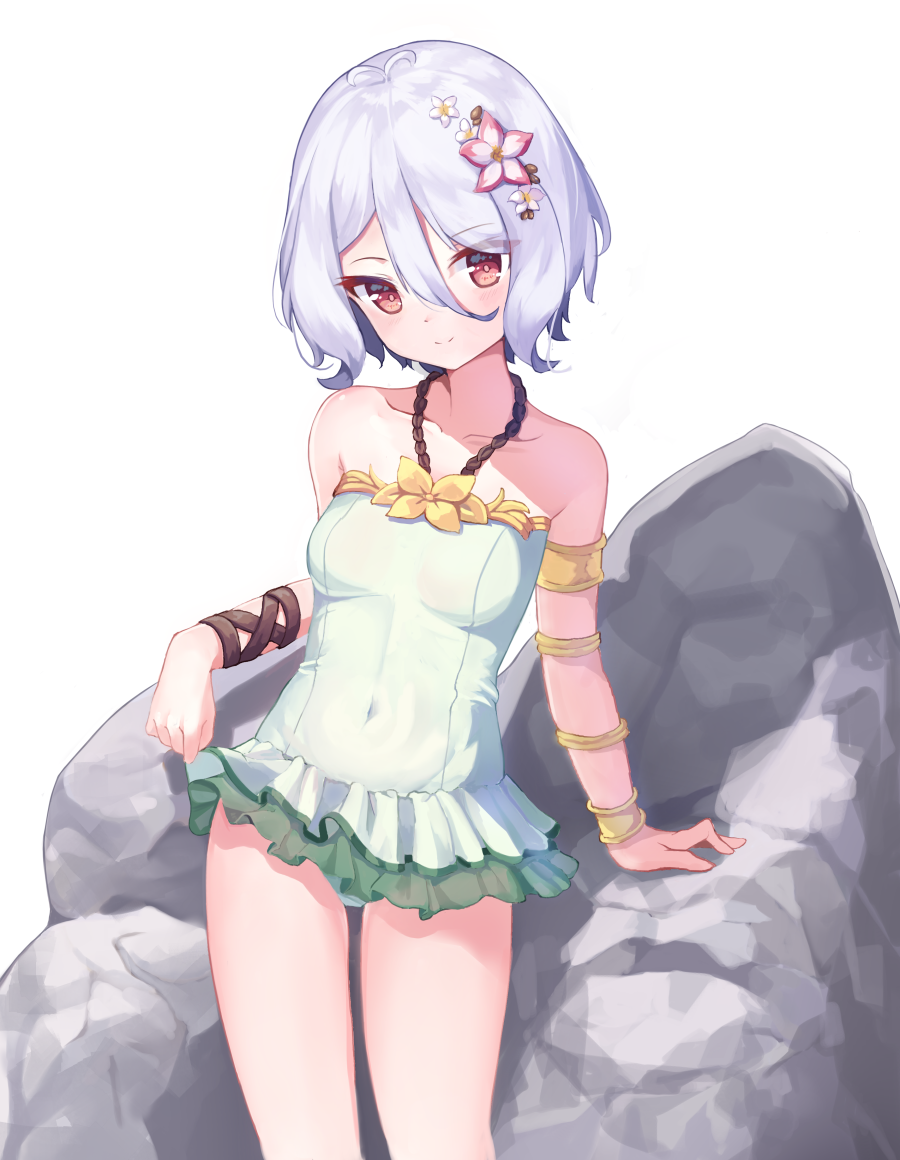 1girl, antenna_hair, arm_support, bangs, bare_shoulders, blush, breasts, closed_mouth