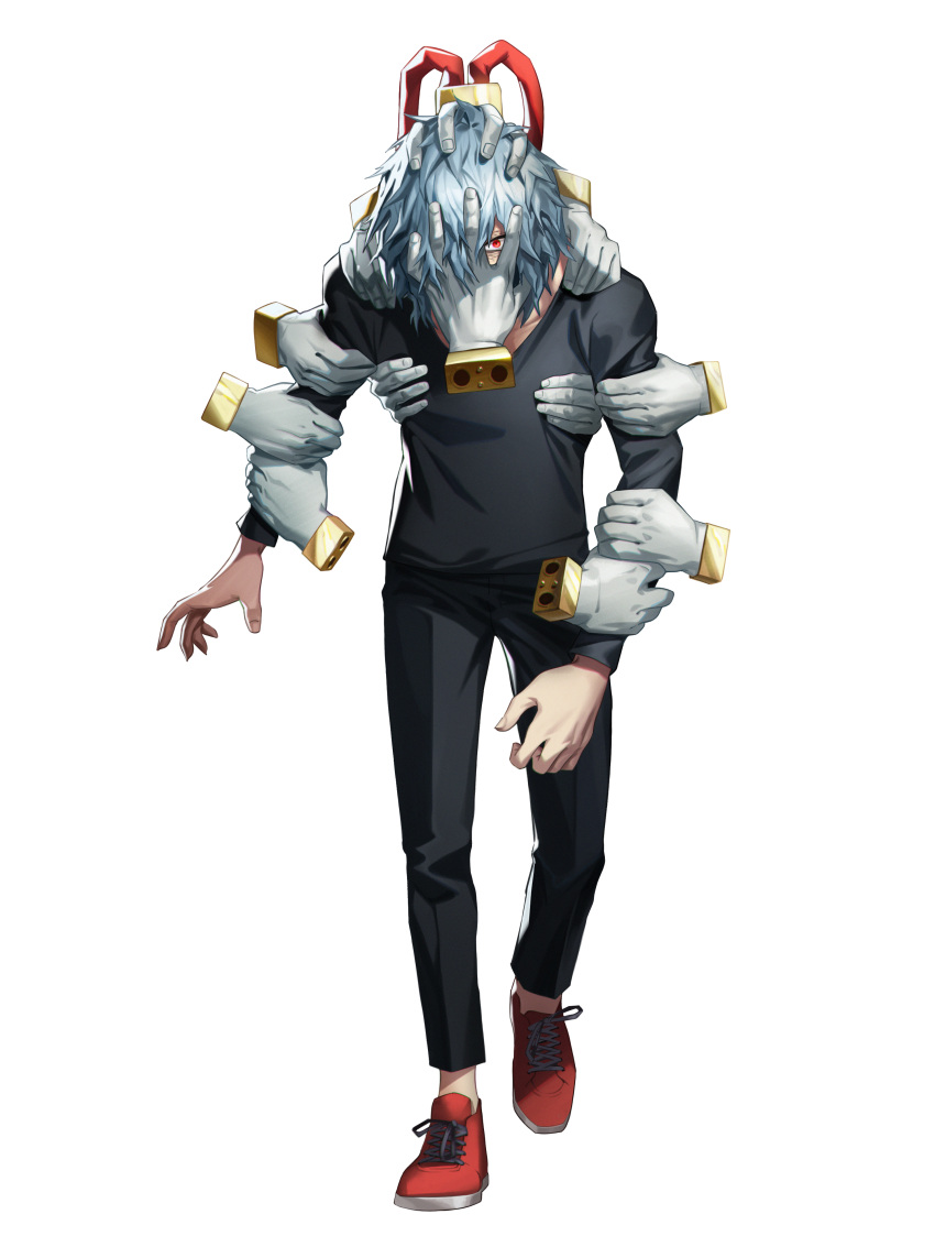 1boy, absurdres, arm_grab, black_pants, black_shirt, boku_no_hero_academia, collarbone, commentary_request, full_body, grey_hair, hand_on_own_face, highres, himmel_(allsky83), long_sleeves, looking_at_viewer, male_focus, multiple_hands, pants, red_eyes, red_footwear, shigaraki_tomura, shirt, shoes, short_hair, simple_background, sneakers, solo, white_background