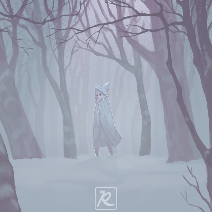 1girl, animal_ears, bangs, bare_tree, cloak, fantasy, hood, hood_up