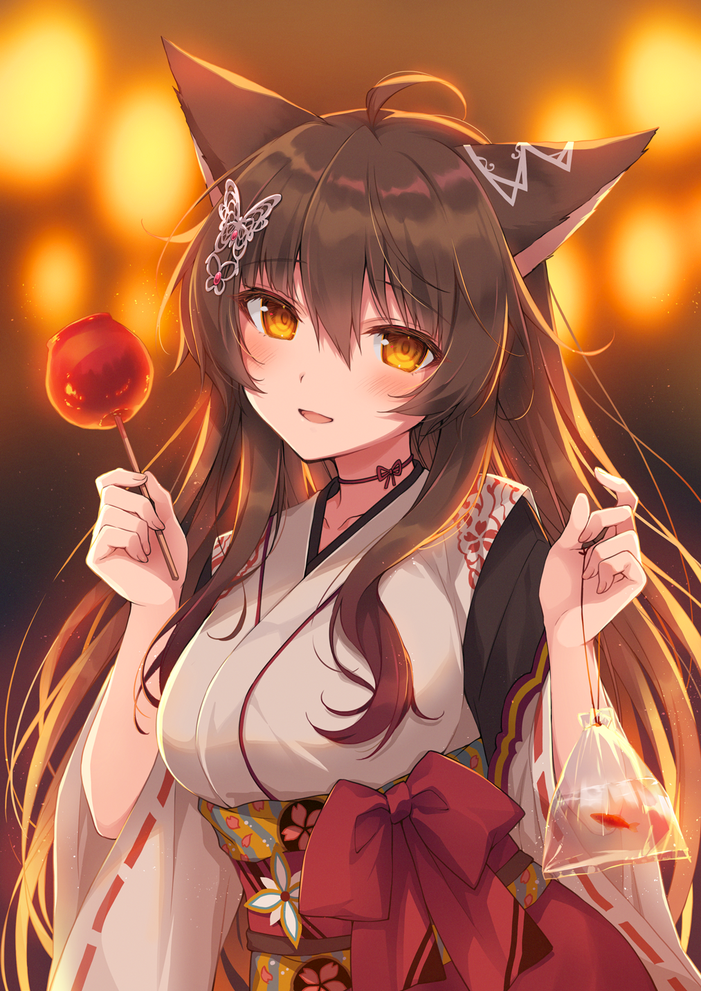 1girl, 2980, :d, ahoge, animal_ears, bag, bagged_fish, bangs