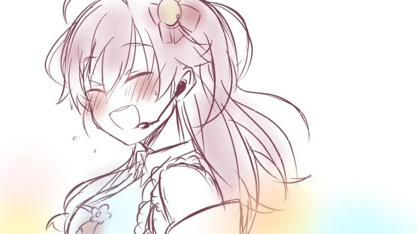 1girl, ahoge, bangs, bell, blush, closed_eyes, commentary_request, earphones, eyebrows_visible_through_hair, hair_bell, hair_between_eyes, hair_ornament, hololive, long_hair, microphone, nontraditional_miko, one_side_up, open_mouth, pink_hair, sakura_miko, shirakami_fubuki_(artist), sidelocks, sketch, solo, sweat, upper_body, virtual_youtuber, white_background