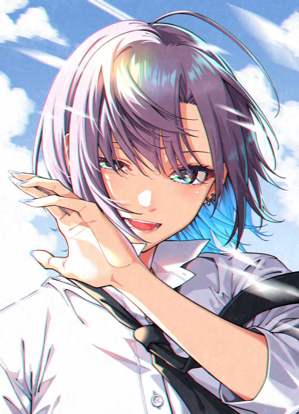 1girl, ahoge, aisu_reizou, aqua_eyes, asakura_tooru, bangs, black_neckwear, blue_hair