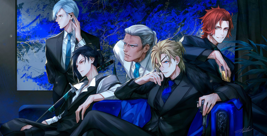 5boys, ashe_ubert, bangs, black_eyepatch, black_jacket, black_pants, black_shirt, black_suit