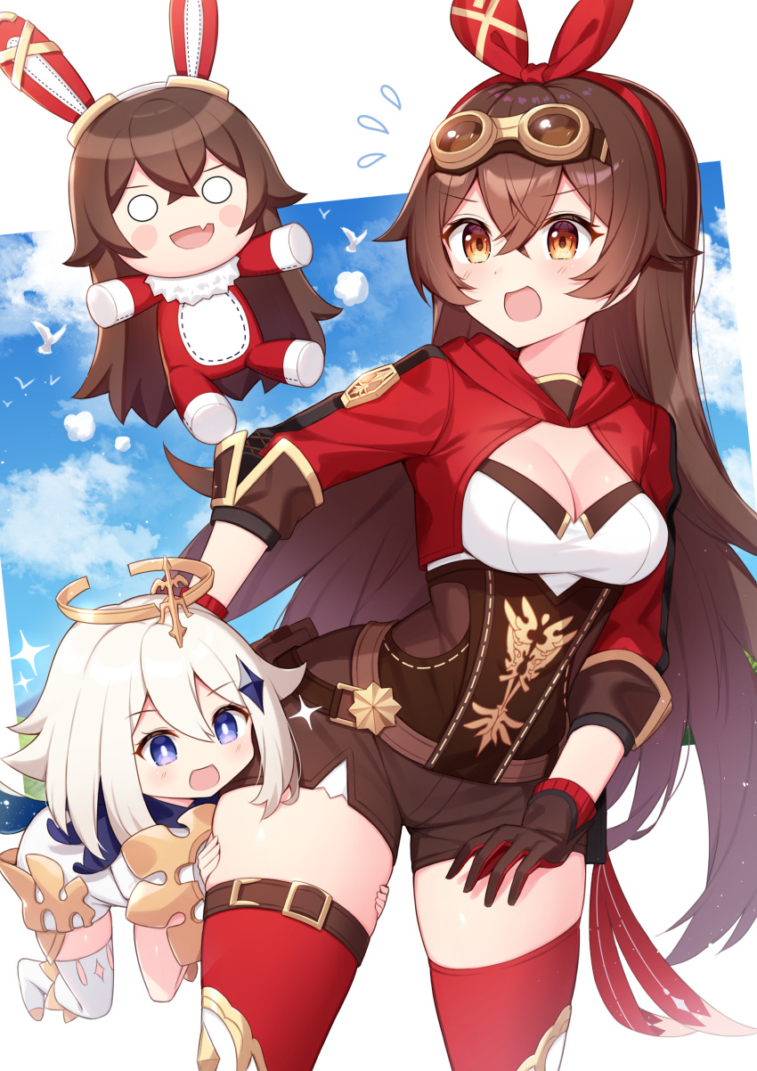 2girls, absurdres, amber_(genshin_impact), animal_ears, baron_bunny, blue_eyes, blue_sky, breasts