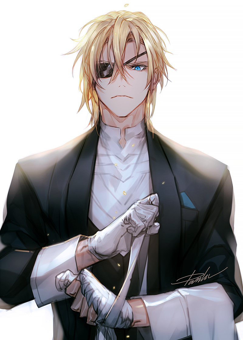 1boy, bangs, black_eyepatch, black_jacket, black_suit, black_vest, blonde_hair, blue_eyes