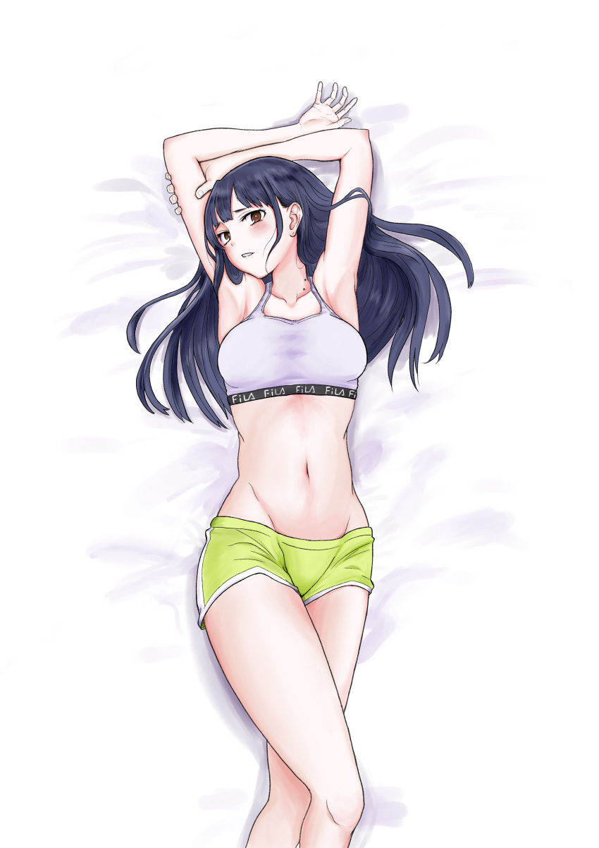 1girl, absurdres, arms_up, black_hair, boku_no_kokoro_no_yabai_yatsu, brown_eyes, feet_out_of_frame, green_shorts