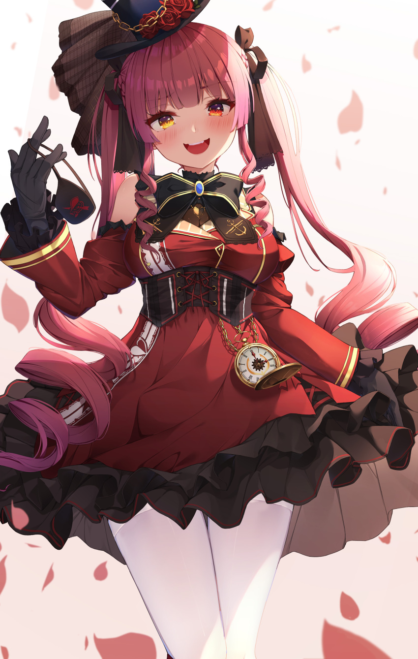 1girl, :d, absurdres, bangs, black_ribbon, blunt_bangs, blush, braid, breasts, chain, corset, cowboy_shot, dress, drill_hair, eyebrows_visible_through_hair, eyepatch, eyepatch_removed, flower, frilled_dress, frilled_sleeves, frills, gold_chain, hair_ribbon, hat, hat_flower, hat_ornament, heterochromia, highres, holding_eyepatch, hololive, houshou_marine, keis_(locrian1357), long_hair, long_sleeves, looking_at_viewer, medium_breasts, open_mouth, pantyhose, petals, pocket_watch, purple_hair, red_dress, red_eyes, red_flower, red_rose, ribbon, rose, sidelocks, simple_background, smile, solo, thigh_gap, thighband_pantyhose, top_hat, twin_drills, twintails, very_long_hair, virtual_youtuber, watch, white_background, white_legwear, yellow_eyes