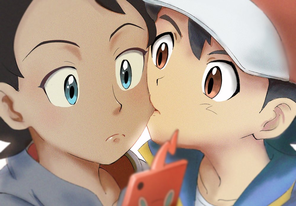 2boys, ash_ketchum, bangs, baseball_cap, black_hair, blue_eyes, blurry, brown_eyes, closed_mouth, collarbone, commentary_request, gen_4_pokemon, goh_(pokemon), hat, light_frown, looking_down, male_focus, matsuno_opa, multiple_boys, nibbling, pokemon, pokemon_(anime), pokemon_swsh_(anime), rotom, rotom_phone, shirt, t-shirt
