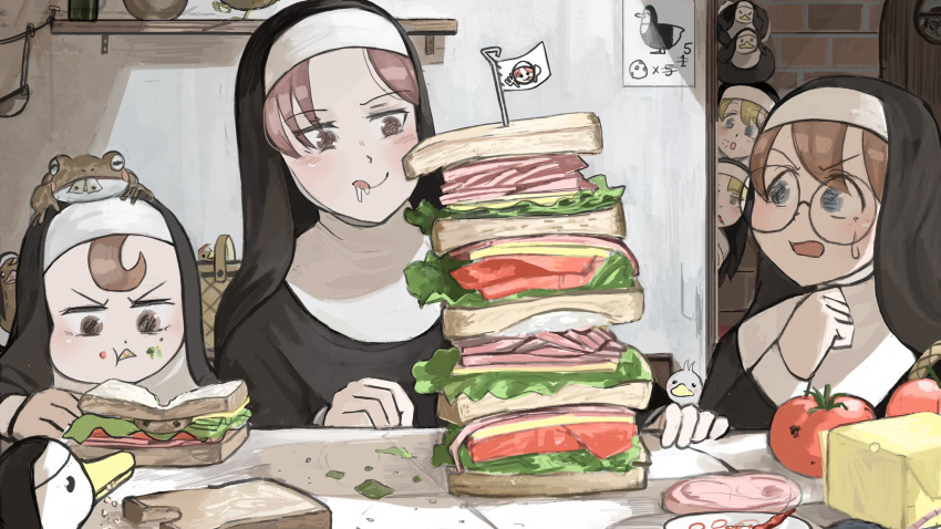 1boy, 5girls, :q, animal_on_head, bacon, bird, blonde_hair, blue_eyes