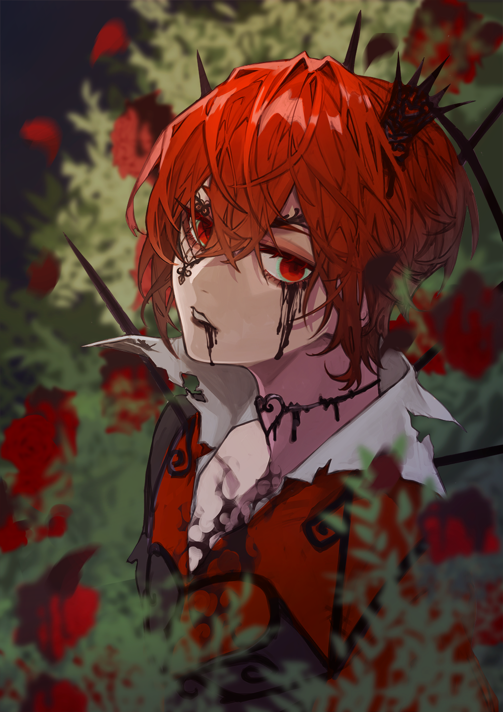 1boy, bangs, black_lipstick, bush, choker, crossed_bangs, crown, empty_eyes, eyeshadow, flower, hair_between_eyes, heart, heart_print, highres, ink, ink_on_face, ink_stain, lipstick, looking_at_viewer, makeup, messy_hair, mini_crown, open_mouth, otochi_(otc_so), overblot, parted_lips, red_eyes, red_eyeshadow, redhead, riddle_rosehearts, rose, runny_makeup, shirt, short_hair, solo, symbol_commentary, torn_clothes, twisted_wonderland