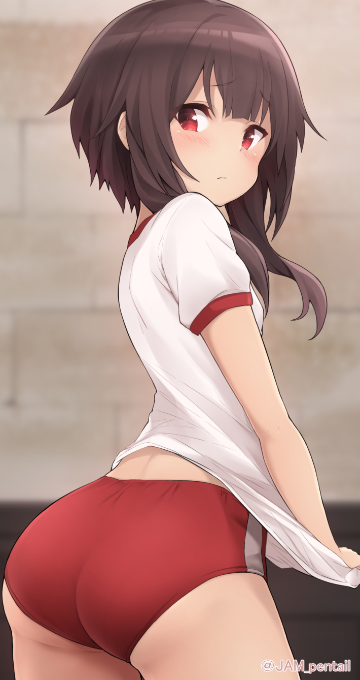 1girl, alternate_costume, ass, bangs, blurry, blurry_background, blush, brown_hair, buruma, closed_mouth, commentary_request, cowboy_shot, depth_of_field, eyebrows_visible_through_hair, from_behind, frown, gym_shirt, highres, indoors, jampen, kono_subarashii_sekai_ni_shukufuku_wo!, looking_at_viewer, looking_back, megumin, red_buruma, red_eyes, shirt, short_hair_with_long_locks, short_sleeves, sidelocks, solo, twitter_username, white_shirt