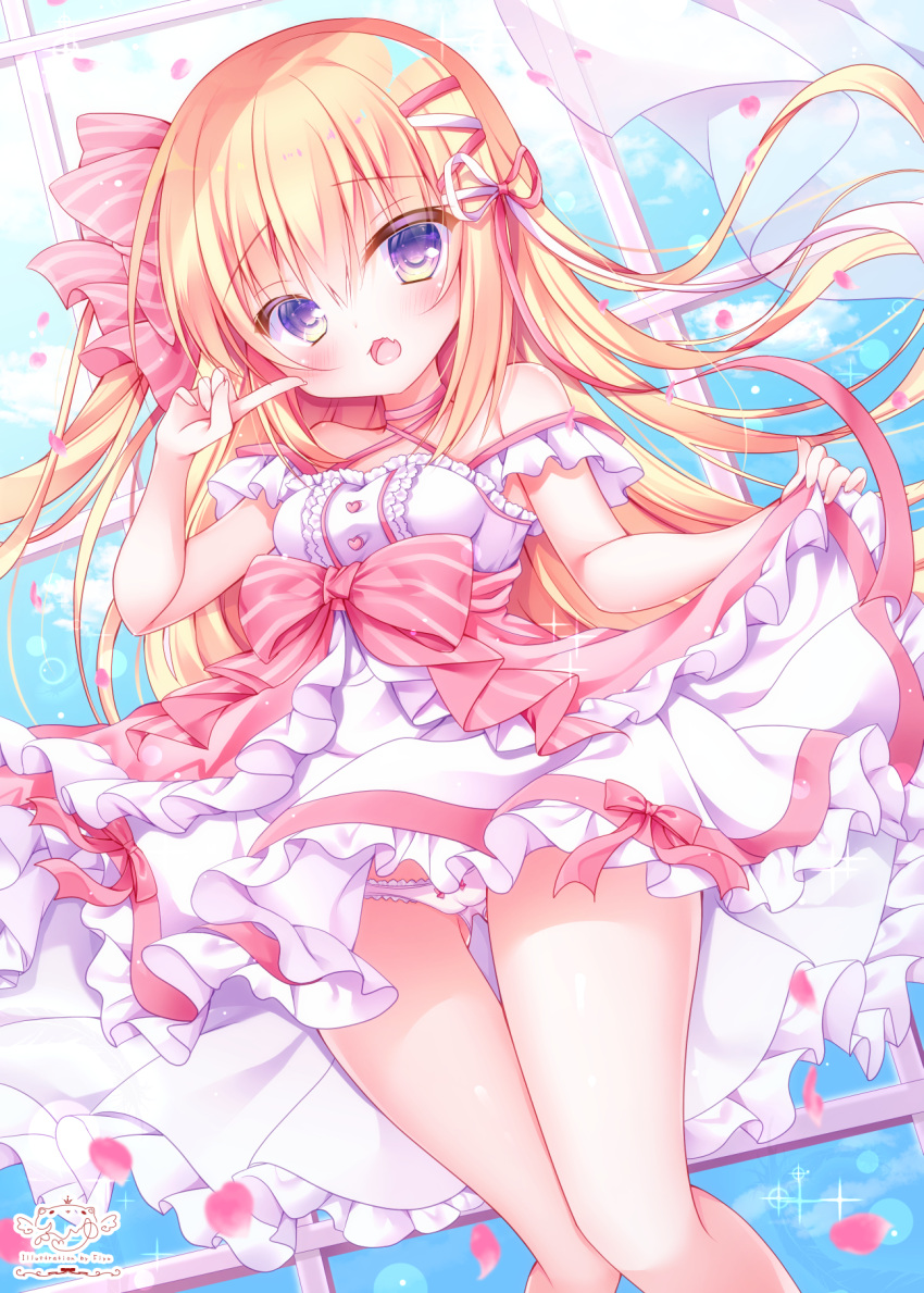 1girl, ass_visible_through_thighs, bare_shoulders, blonde_hair, blue_eyes, blush, bow, bow_dress